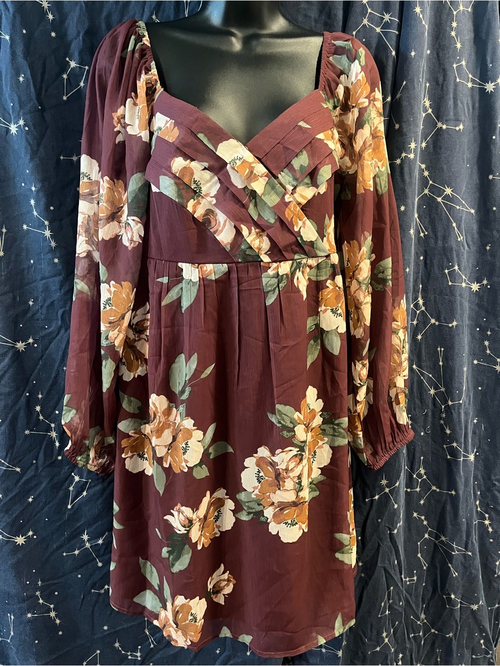 Guess Plum Floral Wrap-Front Long Sleeve Dress